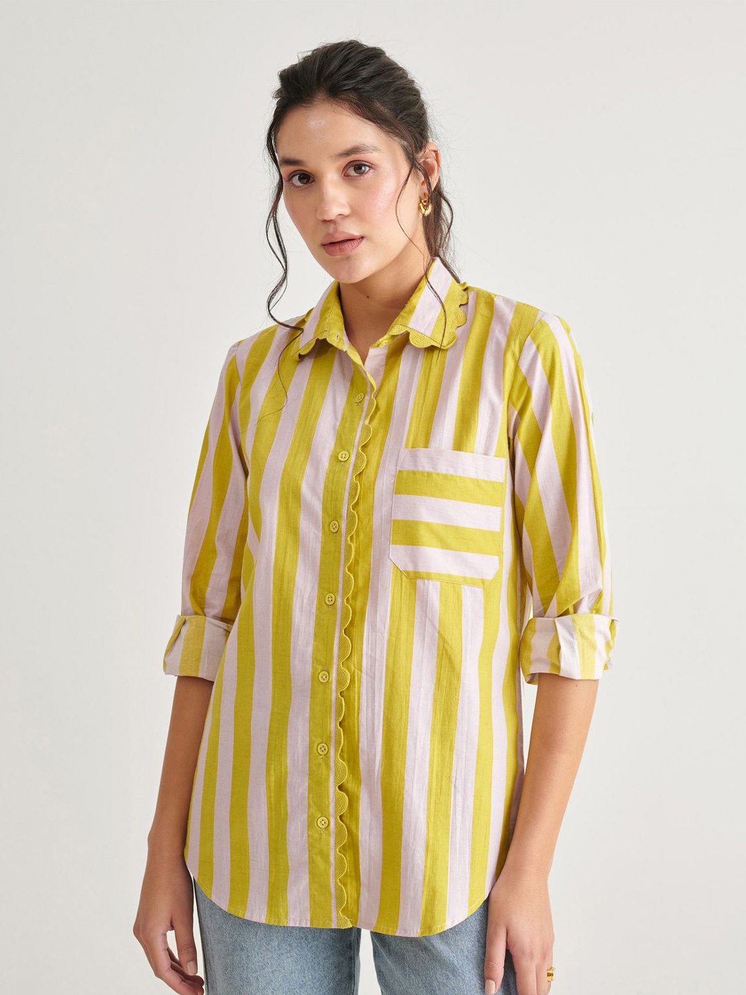 

Midsummer Striped Spread Collar Casual Shirt, Yellow