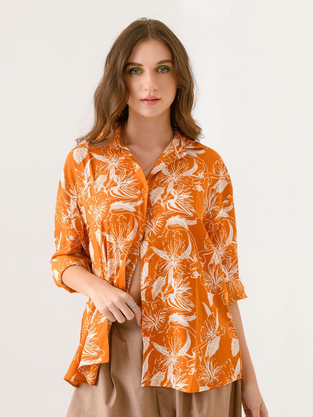 

Midsummer Floral Printed Cotton Casual Shirt, Orange