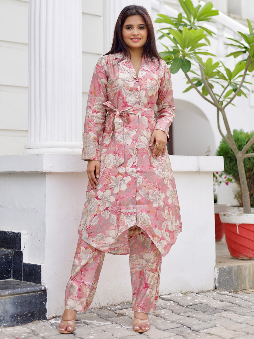 

Libas Floral Printed Lapel Collar Cuffed Sleeves Shirt ,Waistbelt & Trousers, Pink