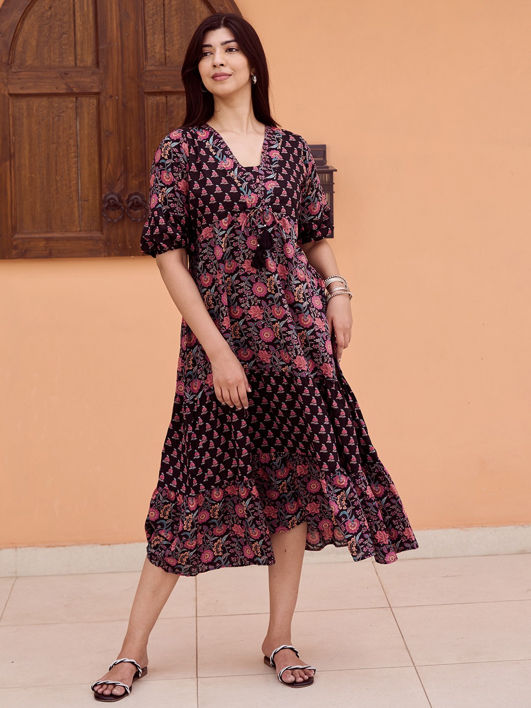 

Libas Floral Printed Puff Sleeve A-Line Maxi Dress, Black