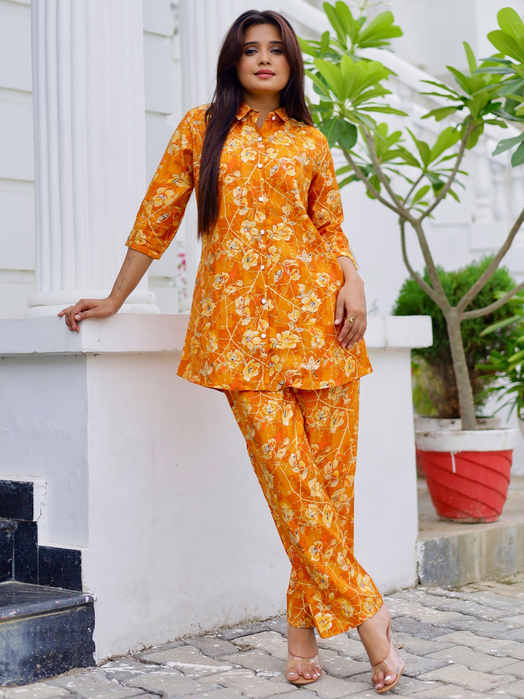 

Libas Floral Printed Shirt Collar Three-Quarter Sleeves Tunic ,Trousers, Mustard