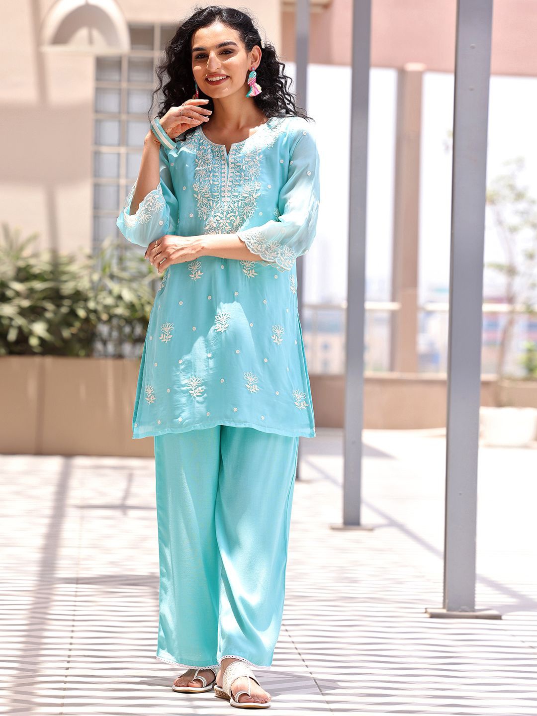 

Libas Embroidered Notched Neck Three-Quarter Sleeves Tunic & Palazzos, Turquoise blue