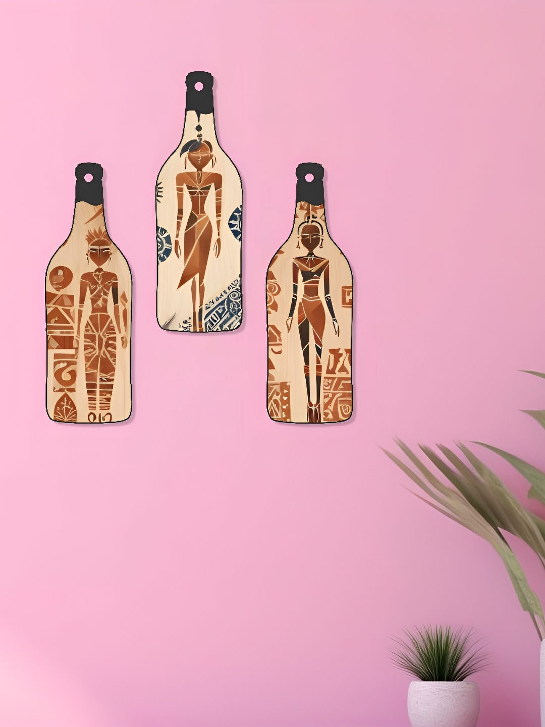 

SAF Brown & Beige 3 Pieces Bohemian Art Painted Bottle-Shape Wooden Wall Hangings