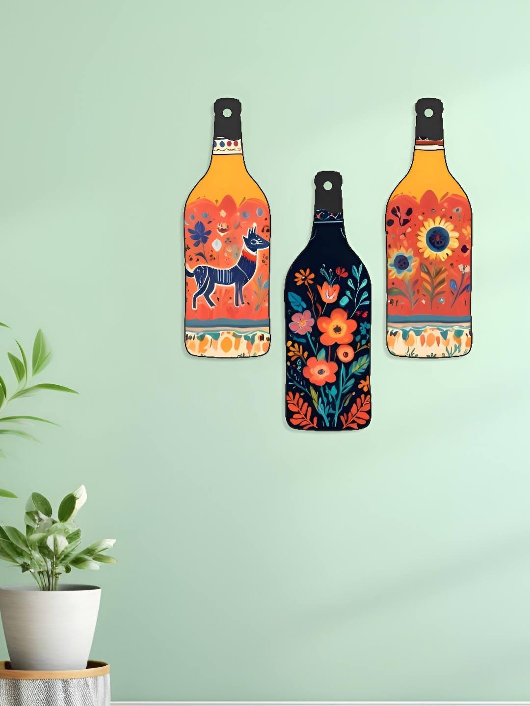 

SAF Orange-Colored & Blue 3 Pieces Floral Bottle Shaped Wooden Wall Decors, Yellow