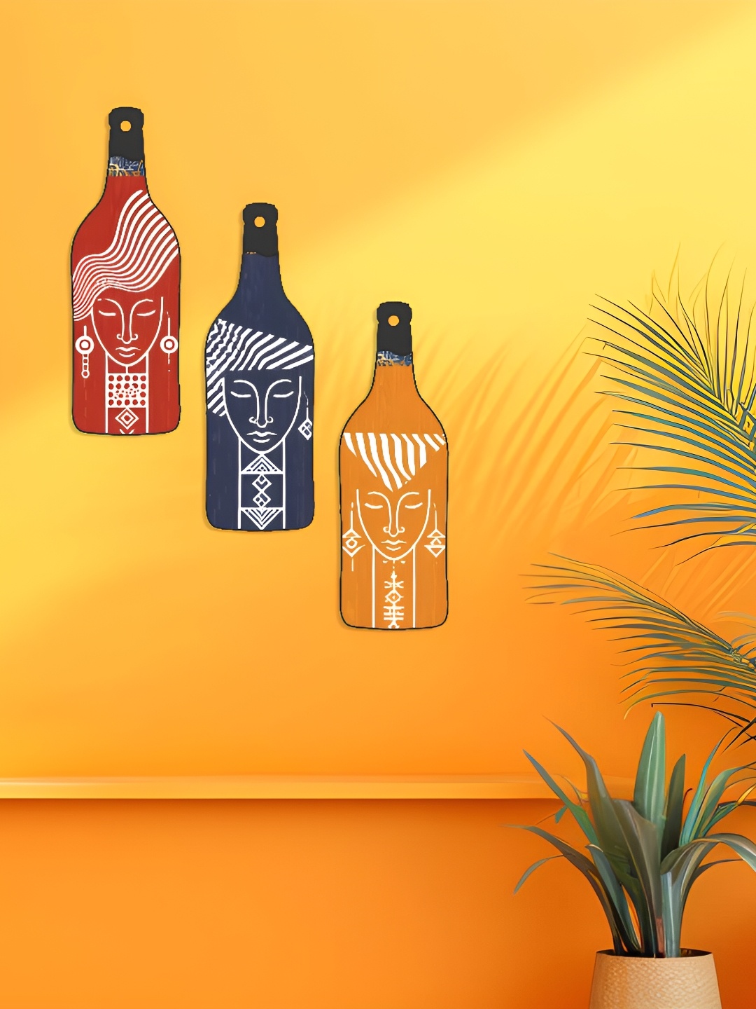 

SAF Yellow & Red 3 Pieces Abstract Art Painted Bottle-Shape Wooden Wall Hangings