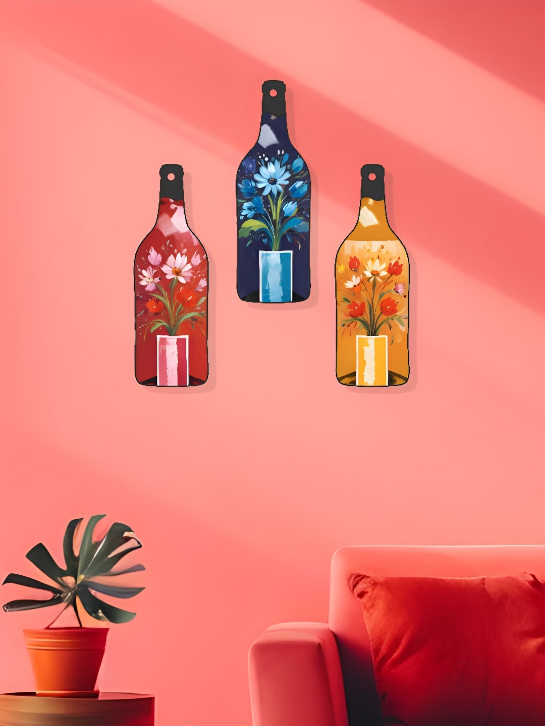 

SAF Red & blue 3 Pieces Floral Bottle Shaped Wooden Wall Decors