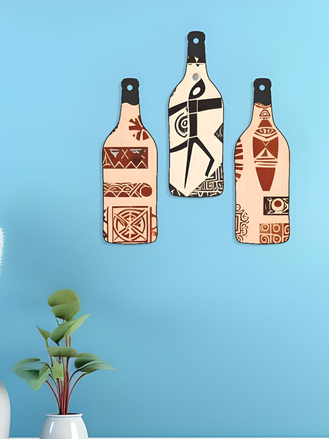 

SAF Beige & Red 3 Pieces Bohemian Art Bottle Shaped Wooden Wall Decors