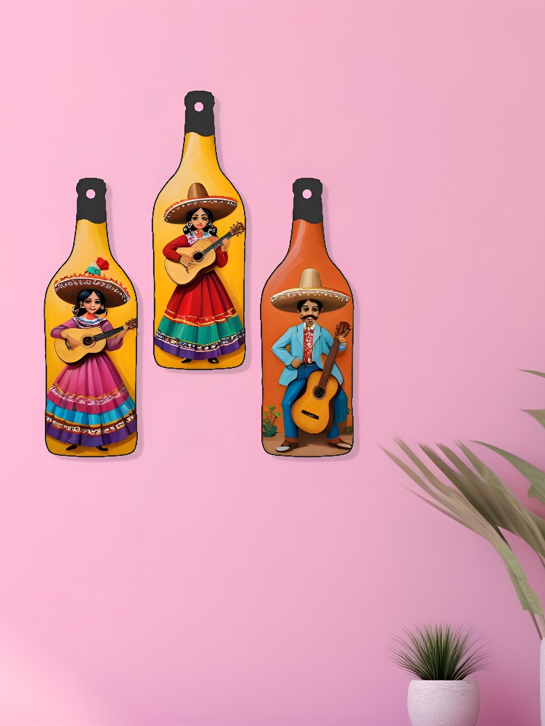 

SAF Yellow & Red 3 Pieces Modern Art Painted Bottle-Shape Wooden Wall Hangings
