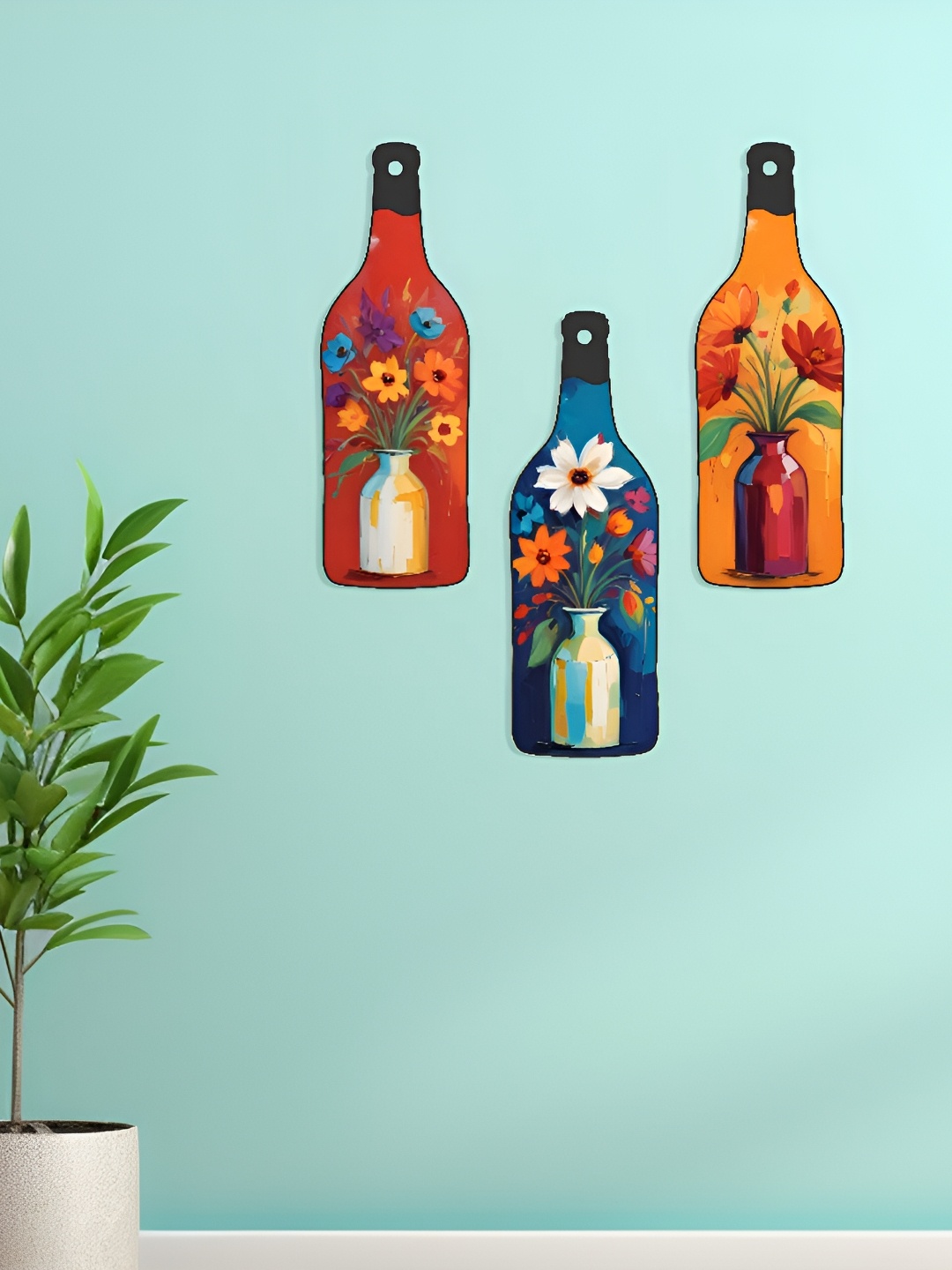 SAF Red & Blue 3 Pieces Floral Painted Bottle-Shape Wooden Wall Hangings