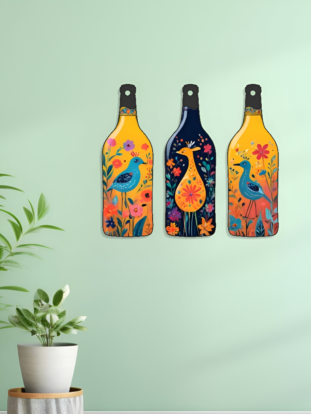 

SAF Yellow & Black 3 Pieces Printed Wooden Floral Wall Decors