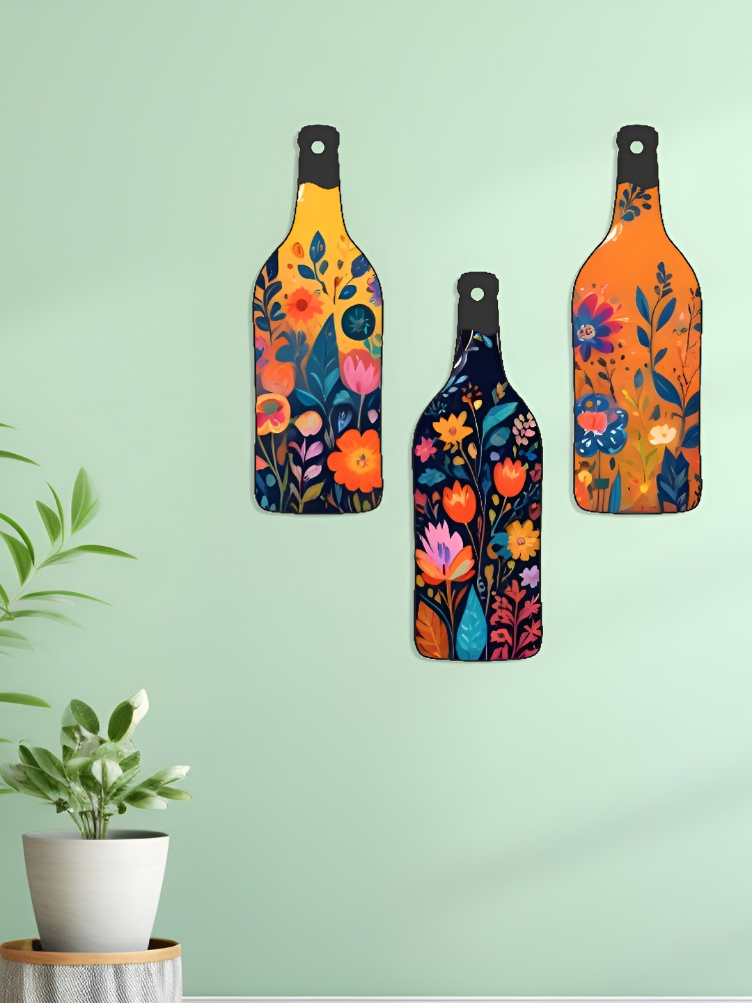 

SAF Yellow & Blue 3 Pieces Floral Painted Bottle-Shape Wooden Wall Hangings