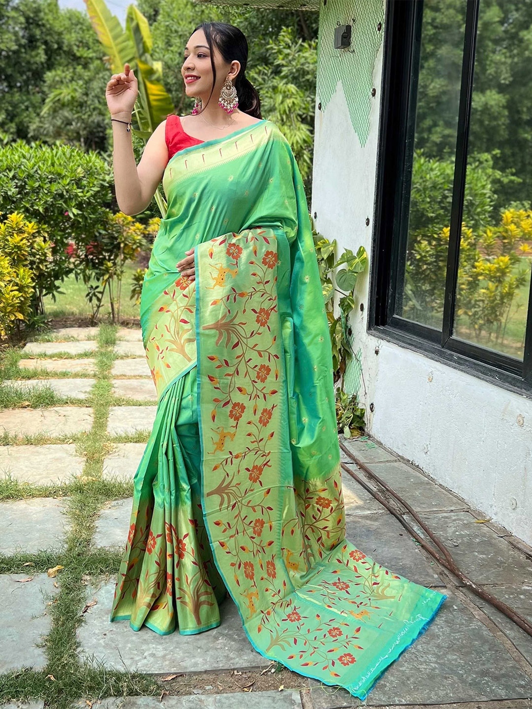 

Mitera Woven Design Zari Paithani Saree, Green