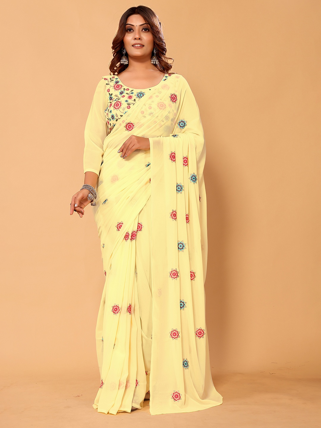 

PATLANI STYLE Floral Embroidered Pure Georgette Ready to Wear Saree, Yellow