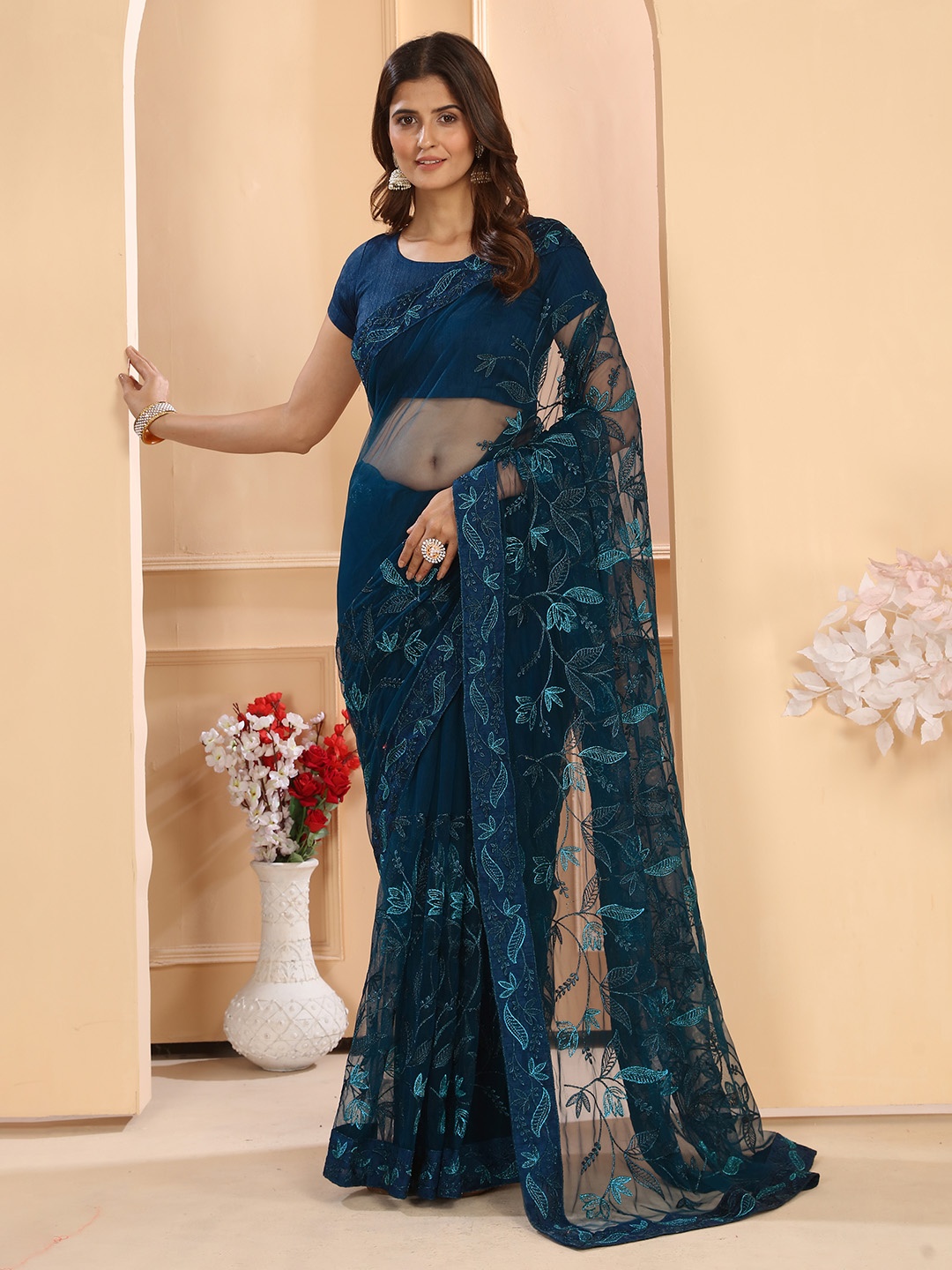

PATLANI STYLE Floral Embroidered Net Saree, Teal