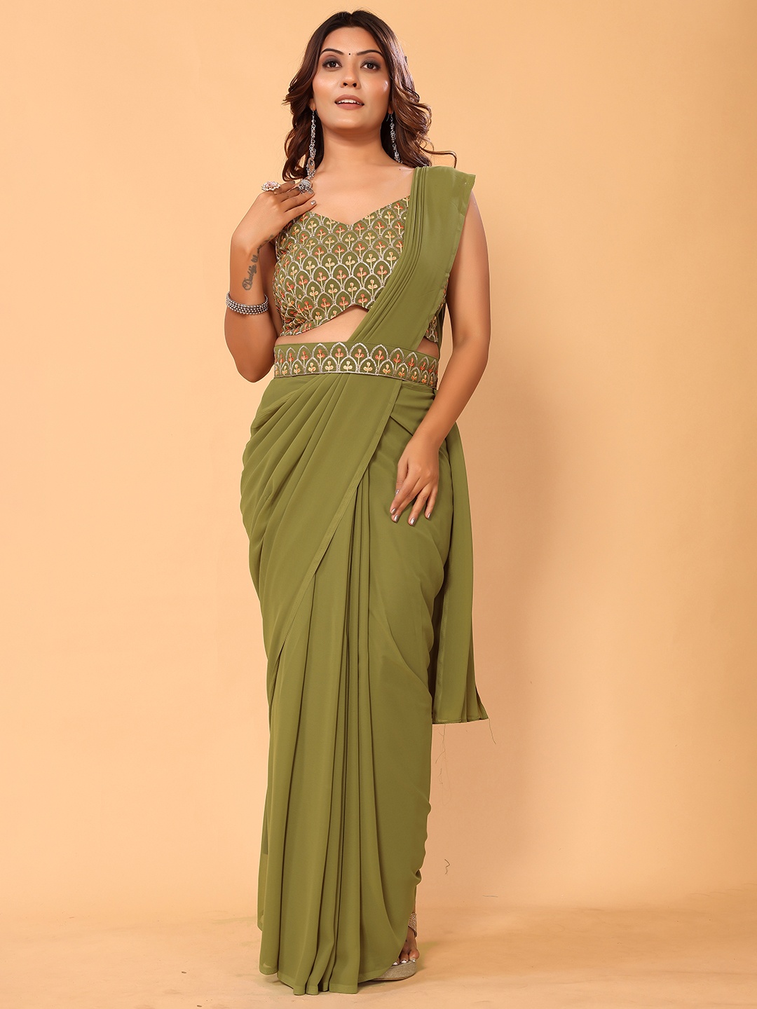 

PATLANI STYLE Floral Embroidered Pure Georgette Ready to Wear Saree, Green
