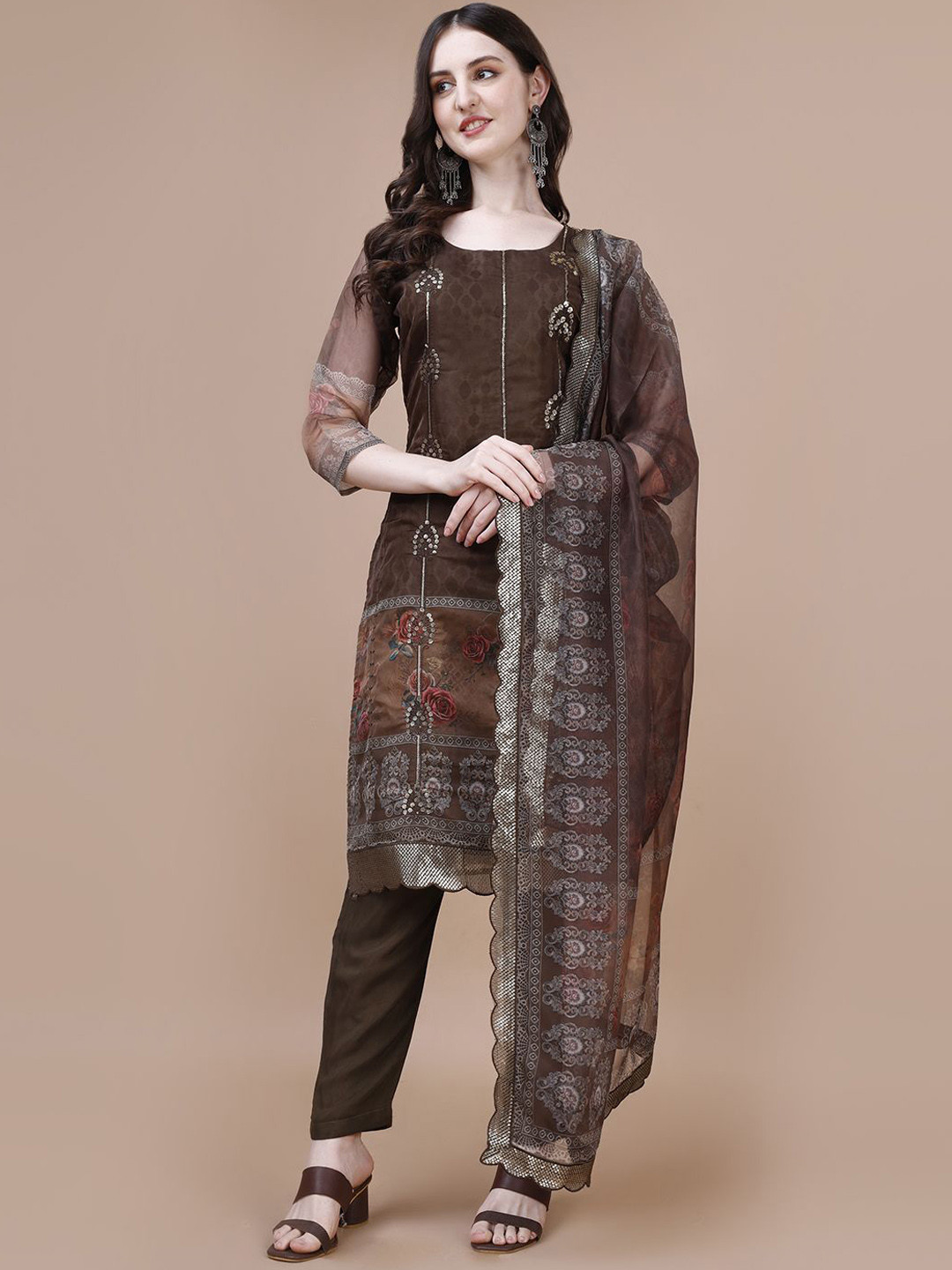 

VIRICA Floral Printed Sequinned Round Neck Straight Kurta with Trousers & Dupatta, Brown