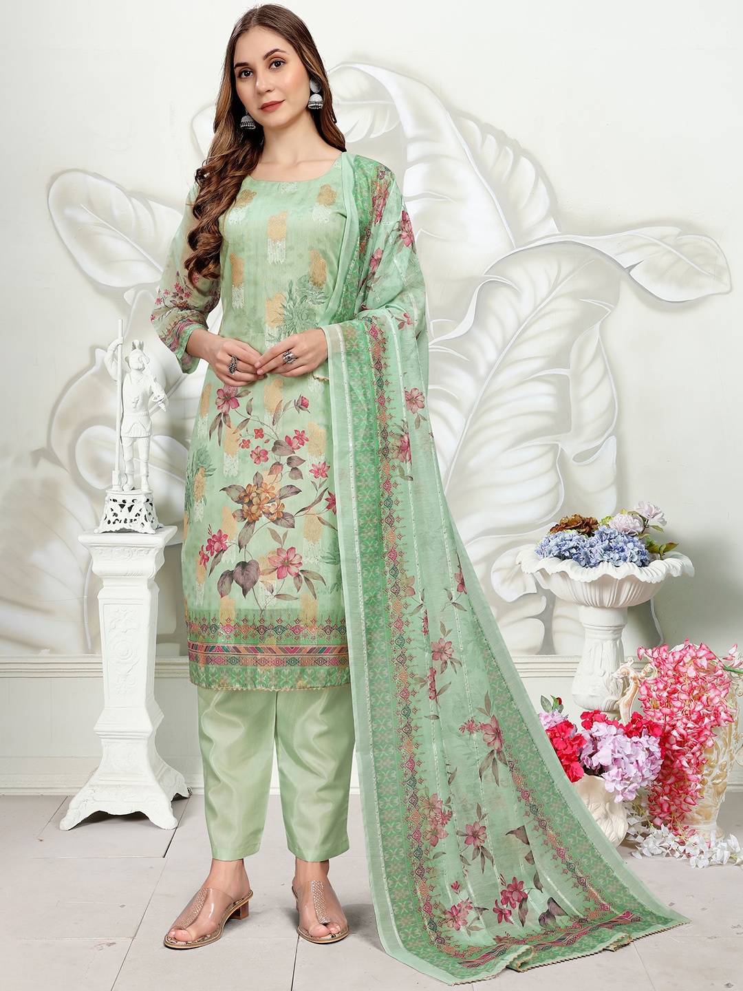 

VIRICA Floral Printed Sequinned Round Neck Straight Kurta with Trousers & Dupatta, Green
