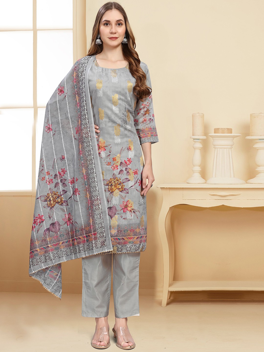 

VIRICA Floral Printed Straight Chanderi Silk Kurta With Trousers & Dupatta, Grey