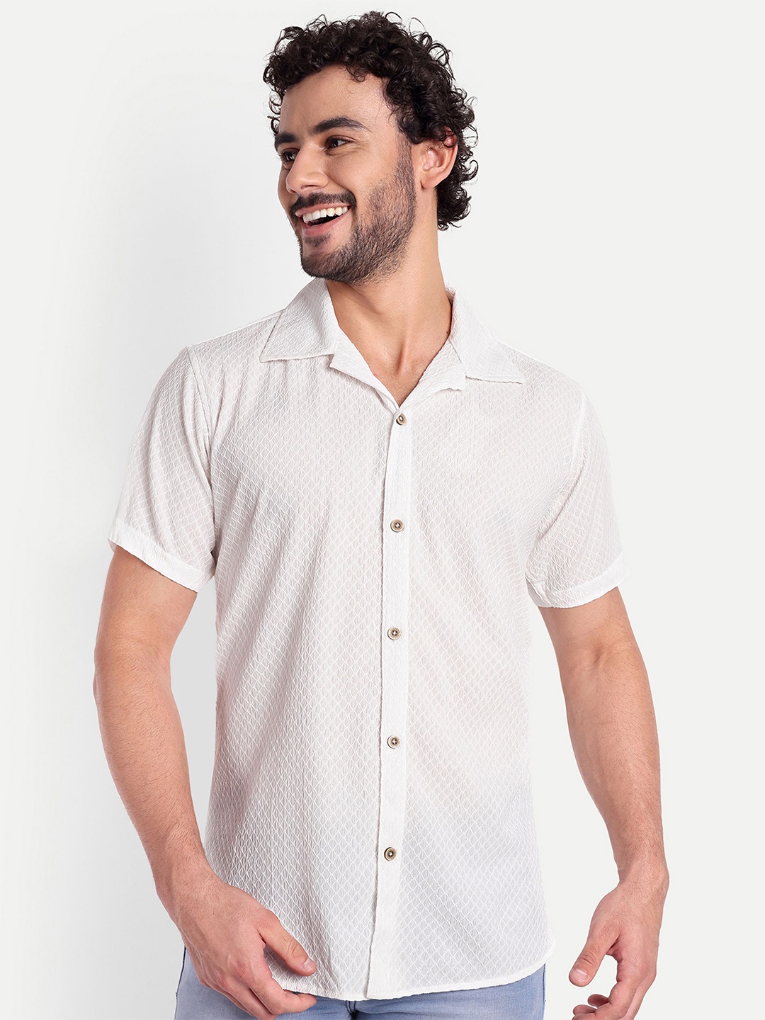 

FILO HEVIS Classic Fit Textured Cuban Collar Short Sleeves Cotton Casual Shirt, White