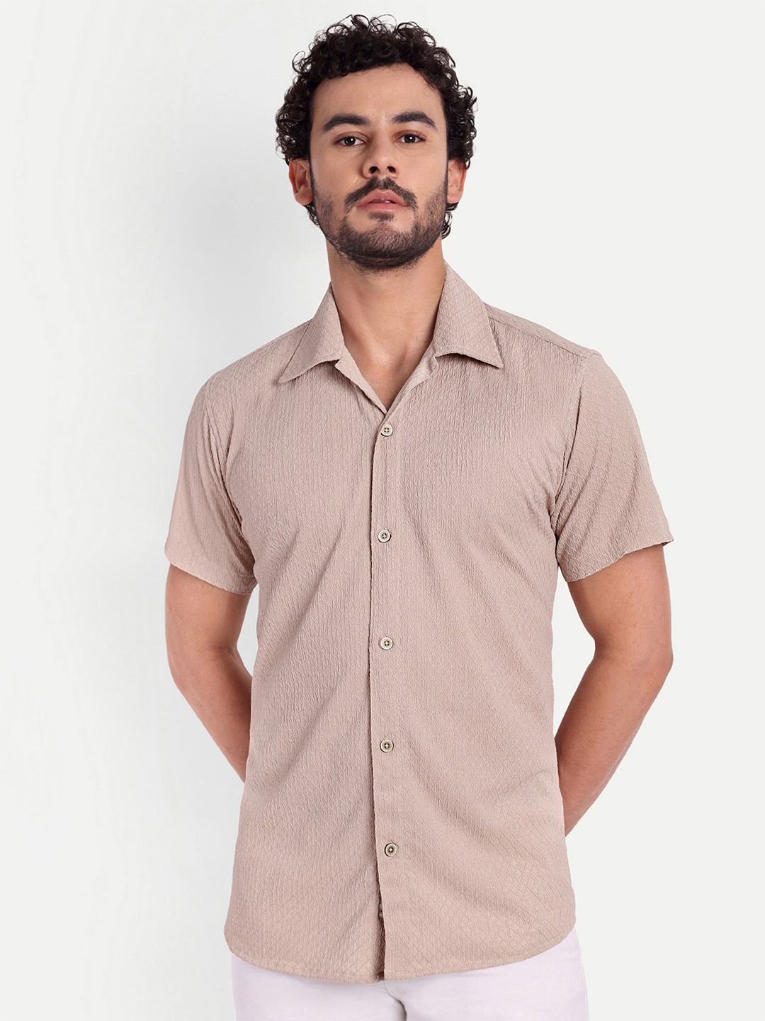 

FILO HEVIS Classic Fit Textured Cuban Collar Short Sleeves Cotton Casual Shirt, Peach