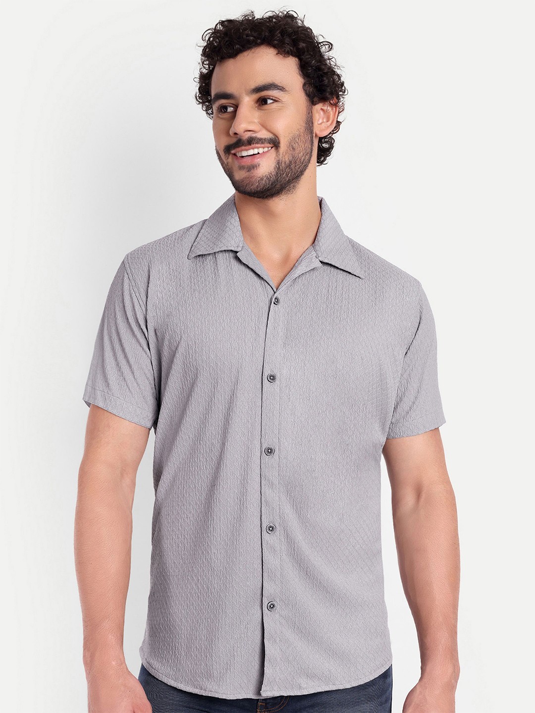 

FILO HEVIS Classic Fit Textured Cuban Collar Short Sleeves Cotton Casual Shirt, Grey