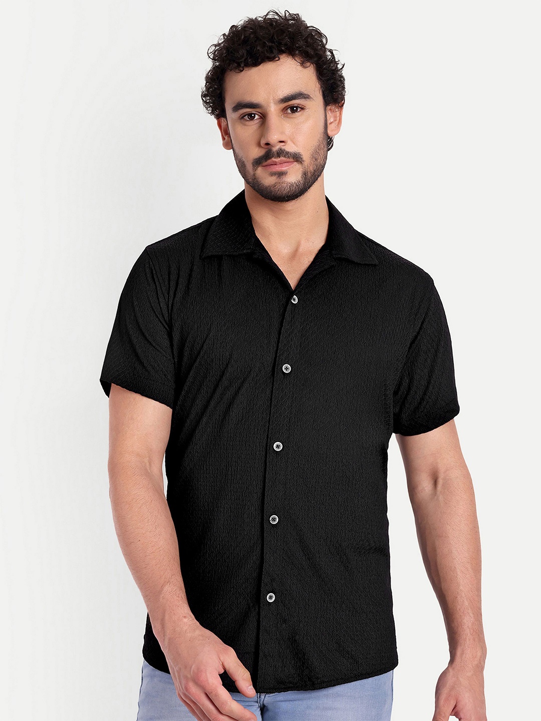

FILO HEVIS Classic Fit Textured Cuban Collar Short Sleeves Cotton Casual Shirt, Black