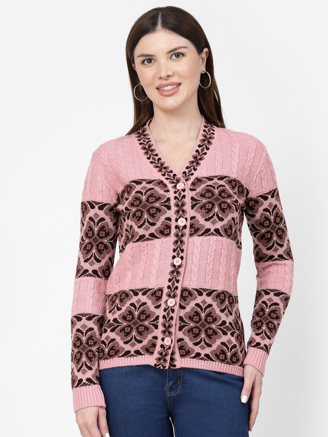 

Kalt V-Neck Long Sleeves Printed Cardigan Sweater, Pink