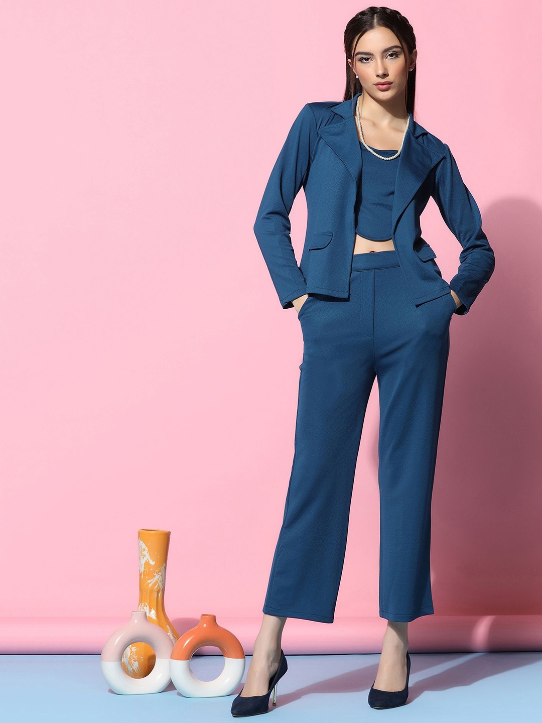 

Fashion FRICKS Sweetheart Neck 3 Pieces Crop Top & Trousers With Blazer Co-Ords, Turquoise blue