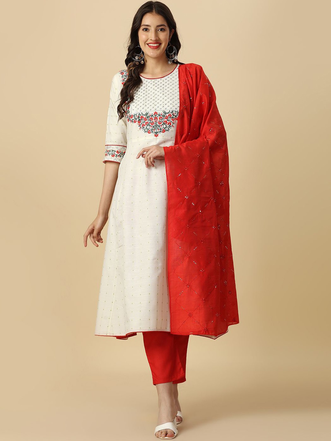 

BAESD Ethnic Motifs Embroidered Thread Work Yoke Anarkali Kurta With Trousers & Dupatta, Red