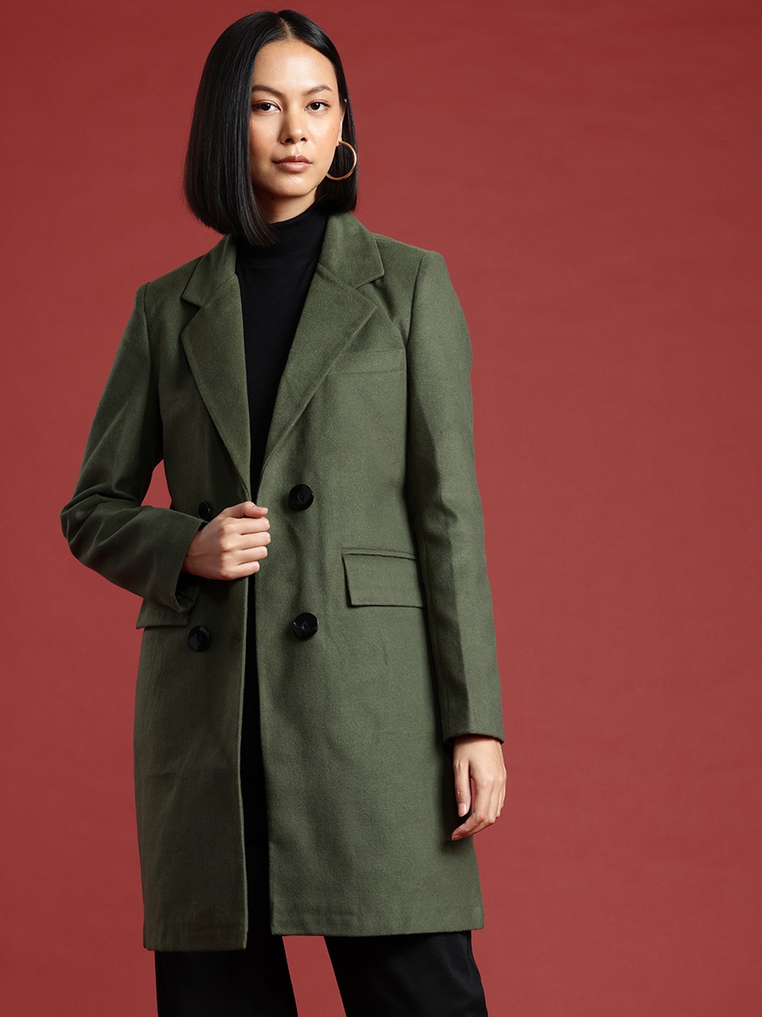 

all about you Notched Lapel Collar Longline Overcoat, Green