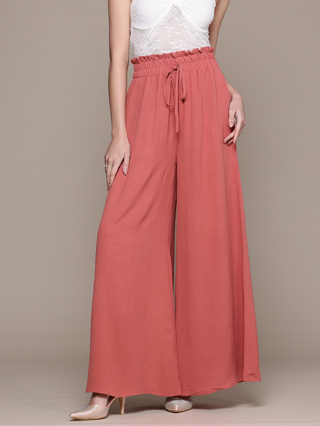 

bebe Women Soft Romance Frill Detail High-Rise Trousers, Pink