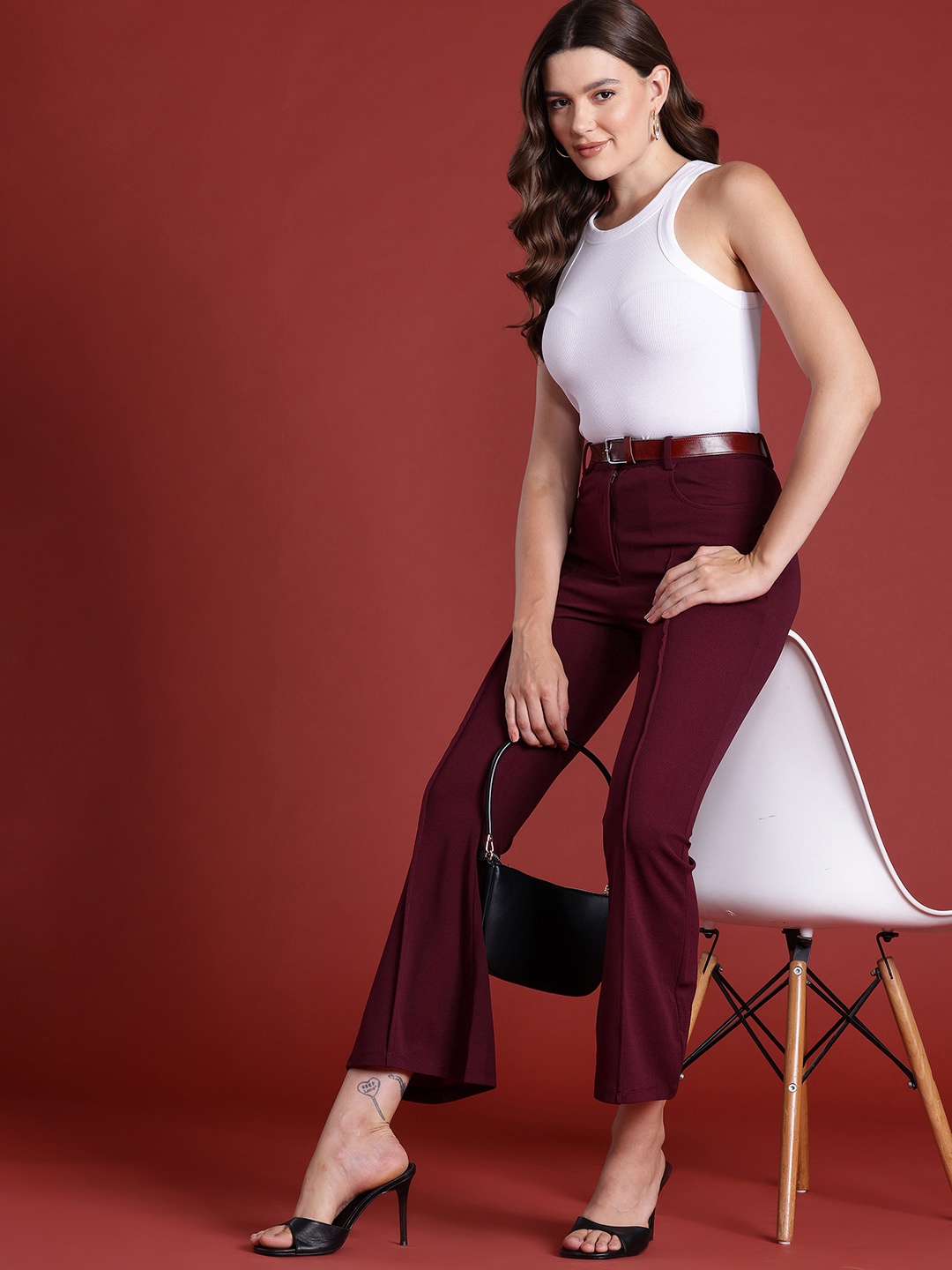 

All About You Formals Women High-Rise Pleated Bootcut Trousers with Belt, Burgundy