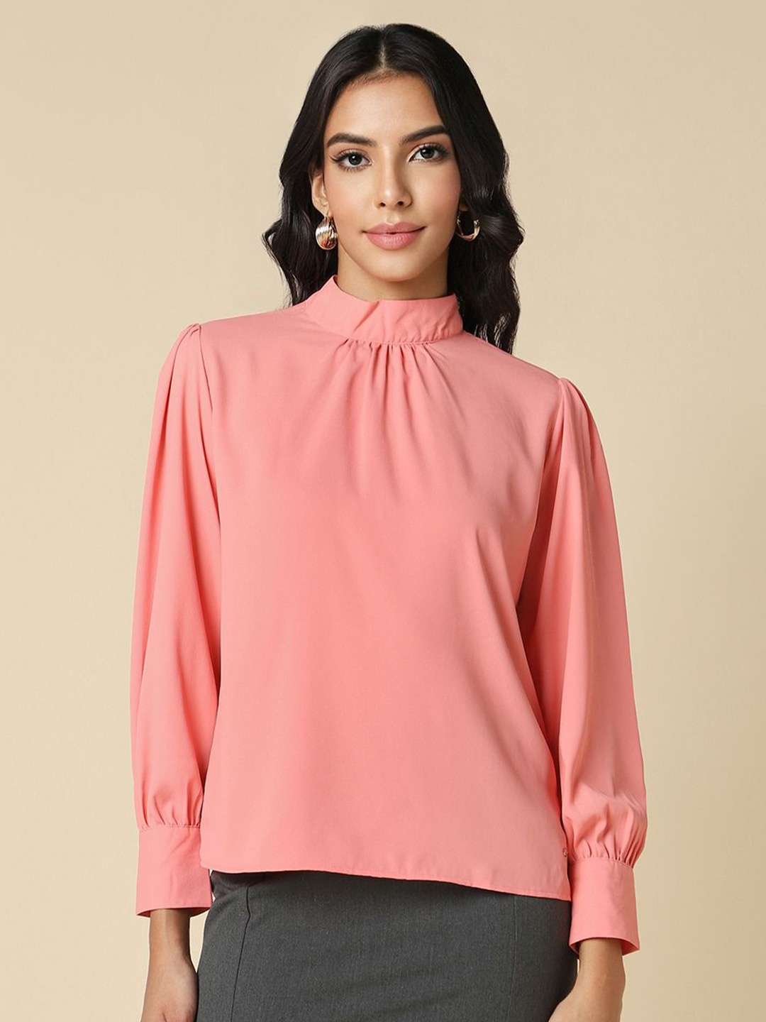 

Allen Solly Woman High Neck Cuffed Sleeves Top, Pink