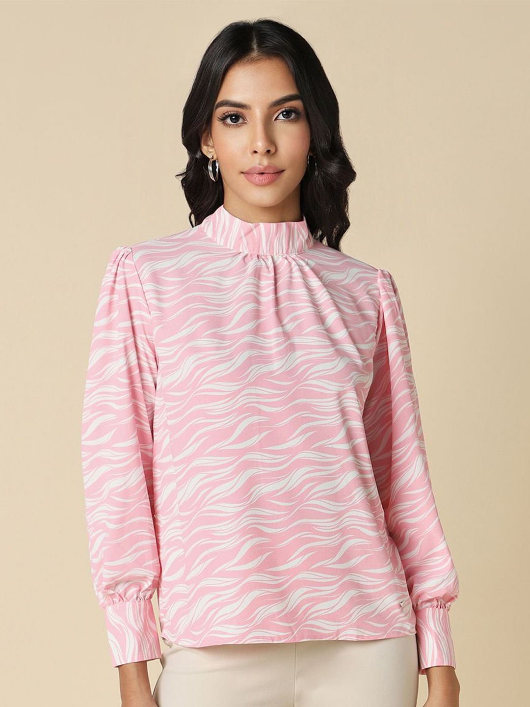 

Allen Solly Woman Abstract Printed High Neck Top, Pink