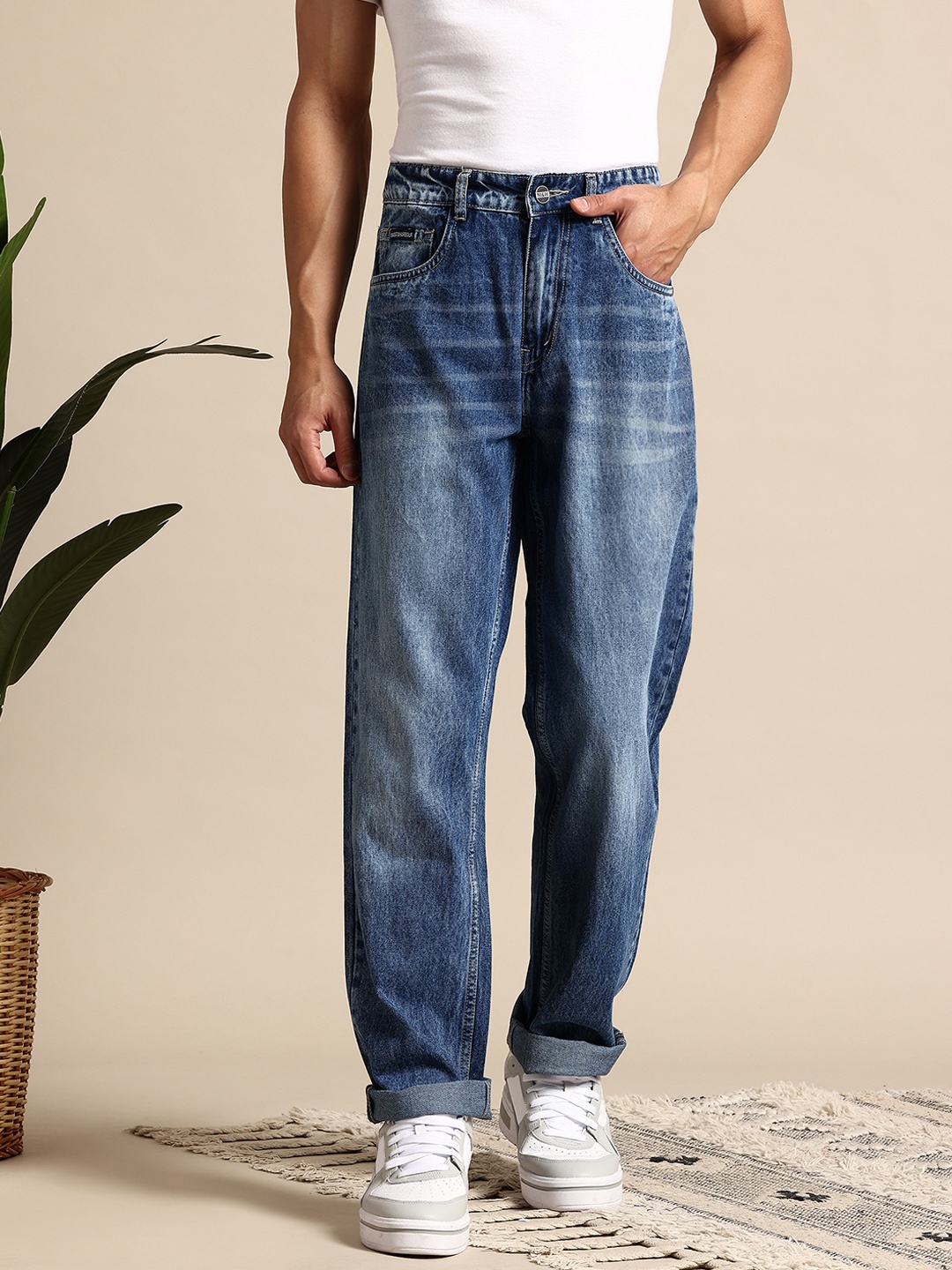 

Mast & Harbour Men Straight Fit High-Rise Light Fade Jeans, Blue