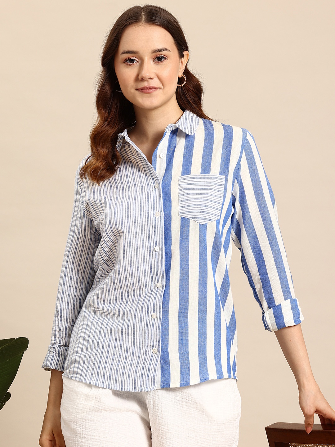 

Mast & Harbour Pure Cotton Striped Casual Shirt, Blue
