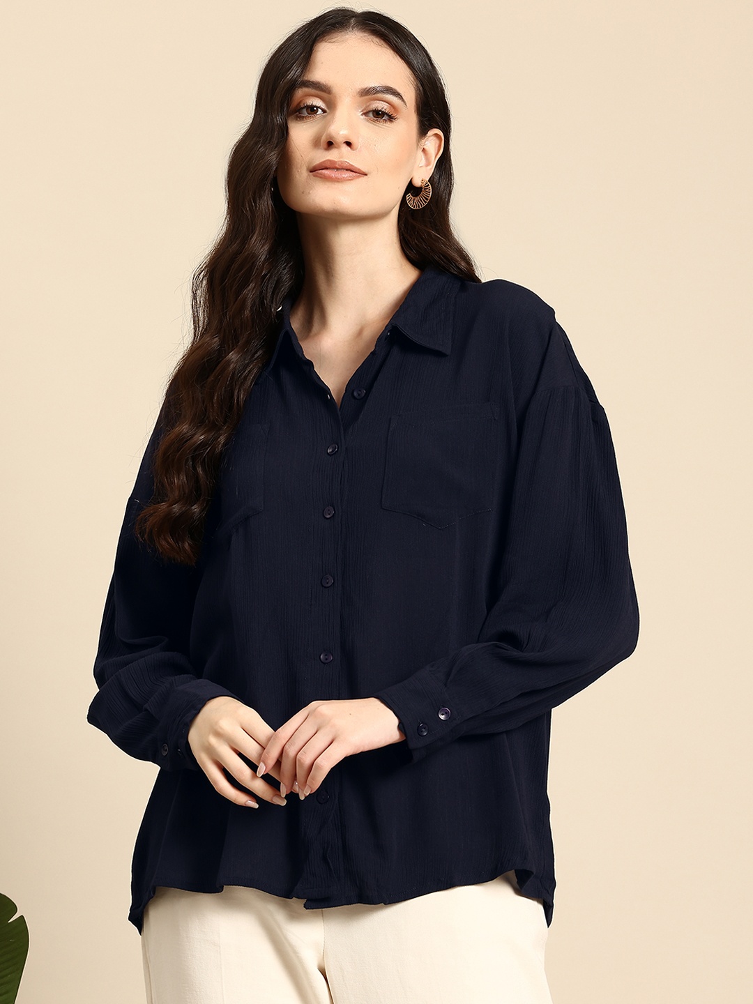 

Mast & Harbour Women Opaque Casual Shirt, Navy blue