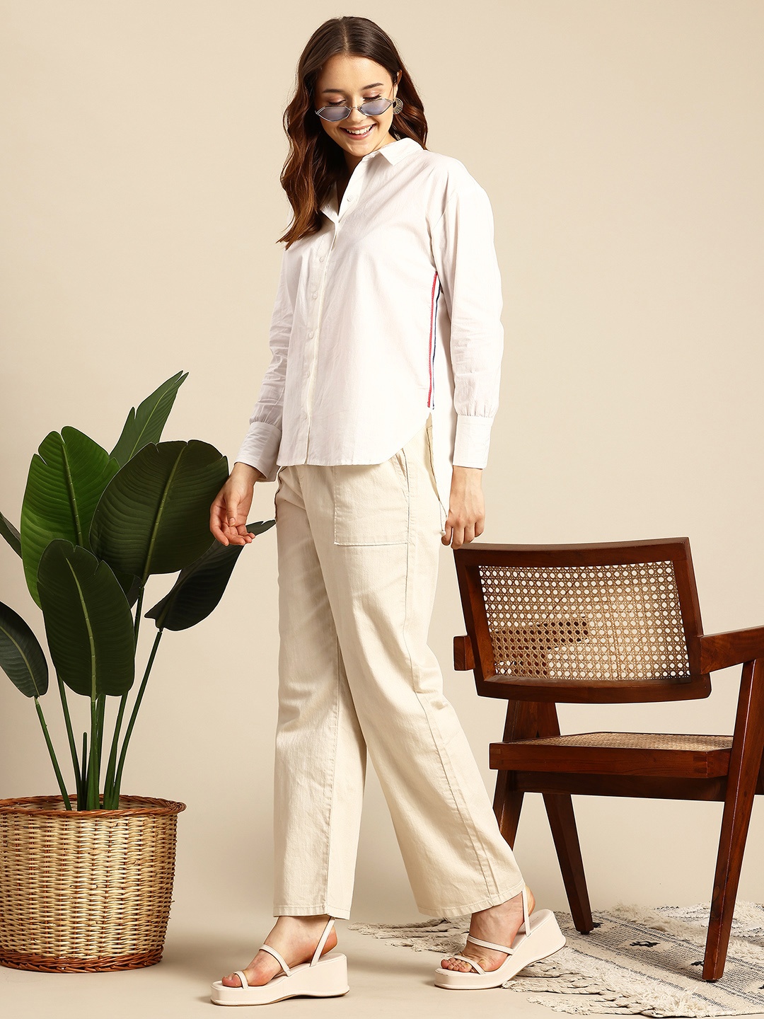 

Mast & Harbour Pure Cotton Side-Striped High-Low Shirt, White