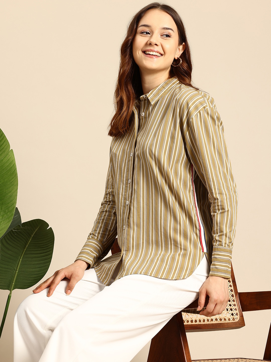 

Mast & Harbour Striped Pure Cotton Shirt, Olive