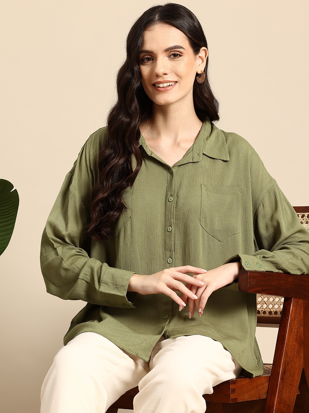 

Mast & Harbour Women Opaque Casual Shirt, Olive