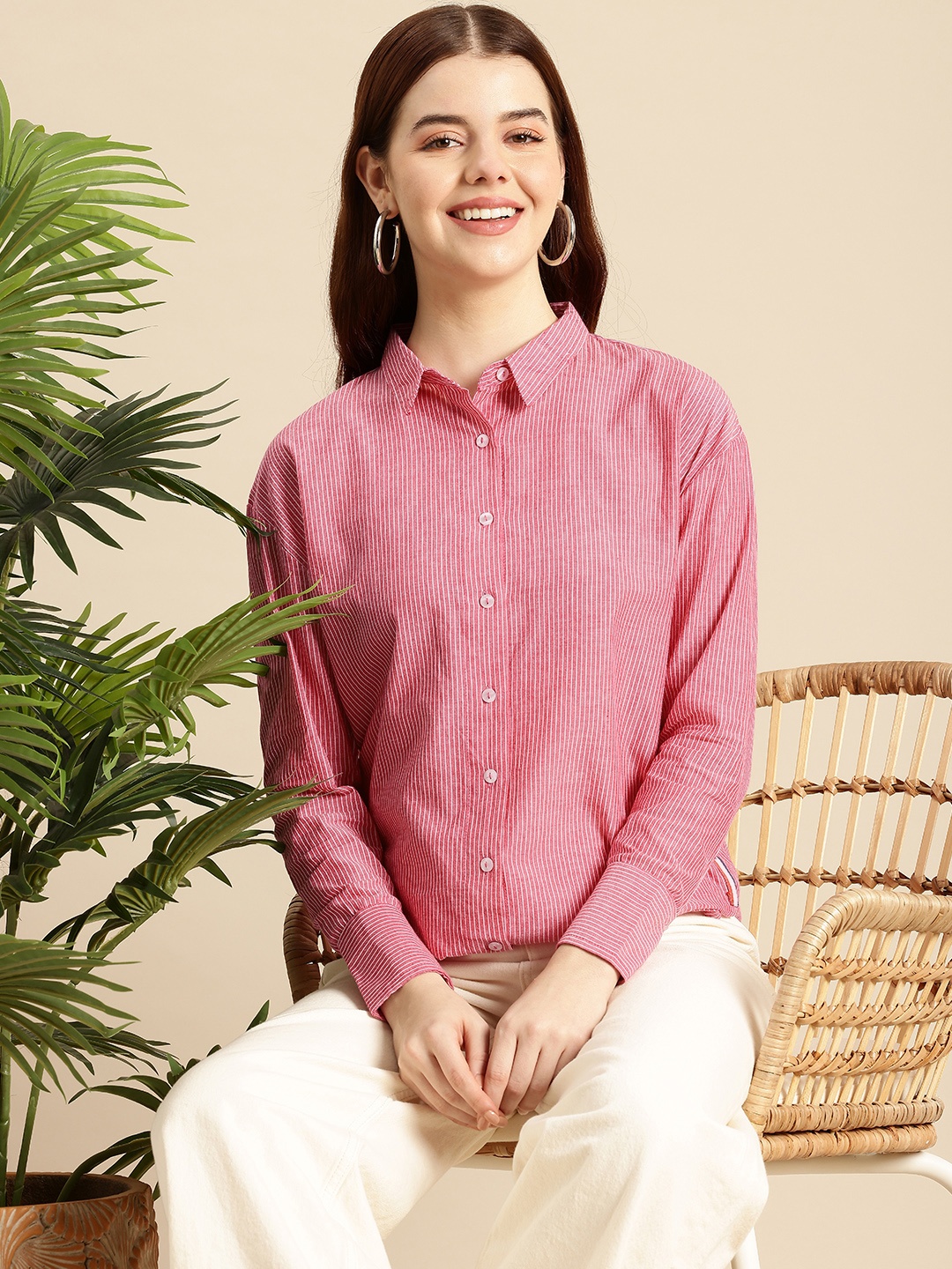 

Mast & Harbour Vertical Stripes Pure Cotton Casual Shirt, Pink
