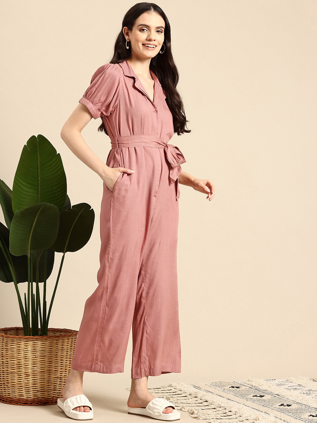 

Mast & Harbour Puff Sleeves Basic Jumpsuit Comes With a Belt, Rose