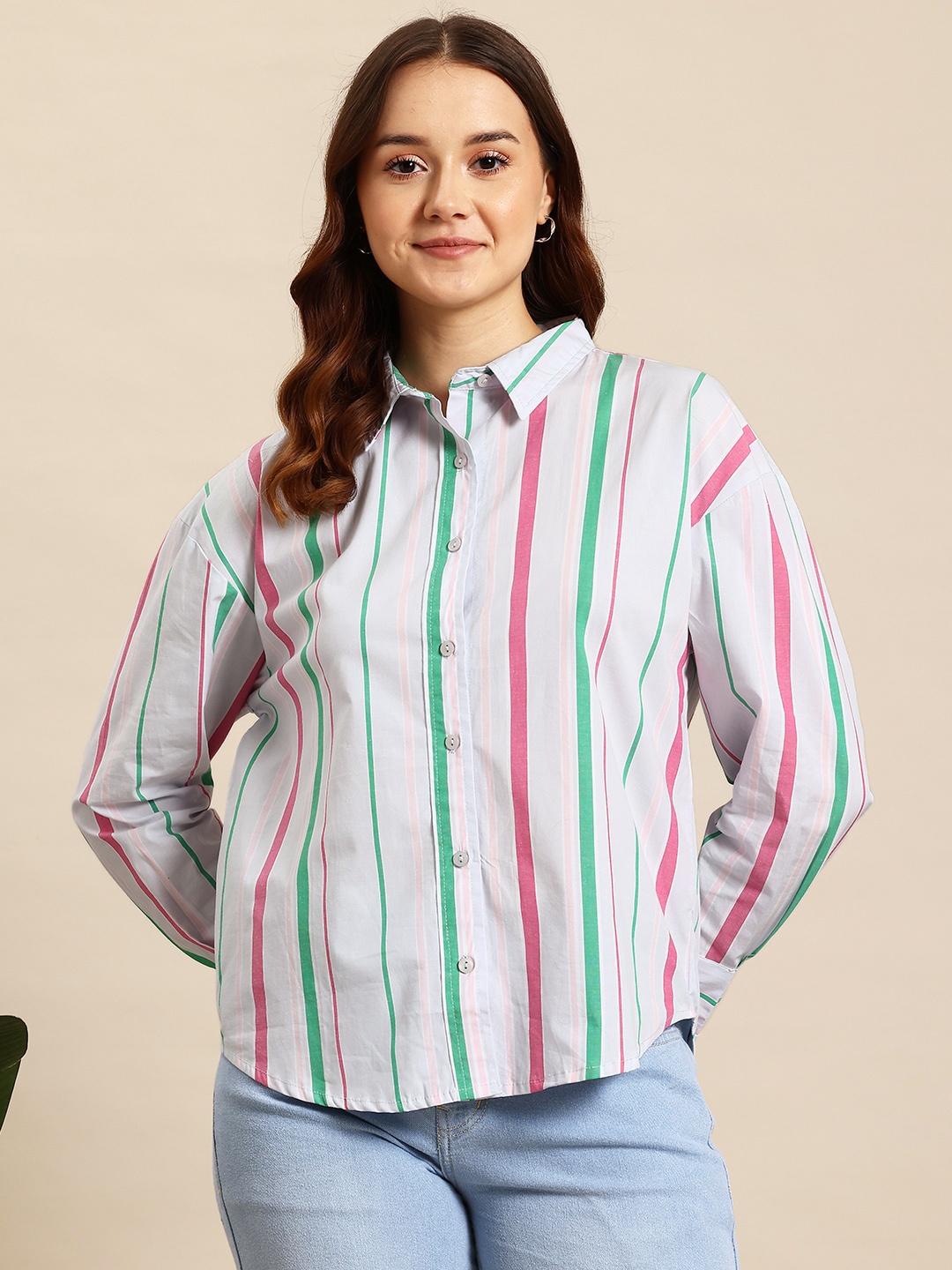 

Mast & Harbour Pure Cotton Striped High-Low Casual Shirt, Blue