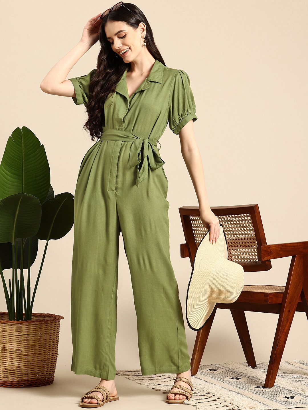 

Mast & Harbour Puff Sleeves Basic Jumpsuit Comes With a Belt, Olive