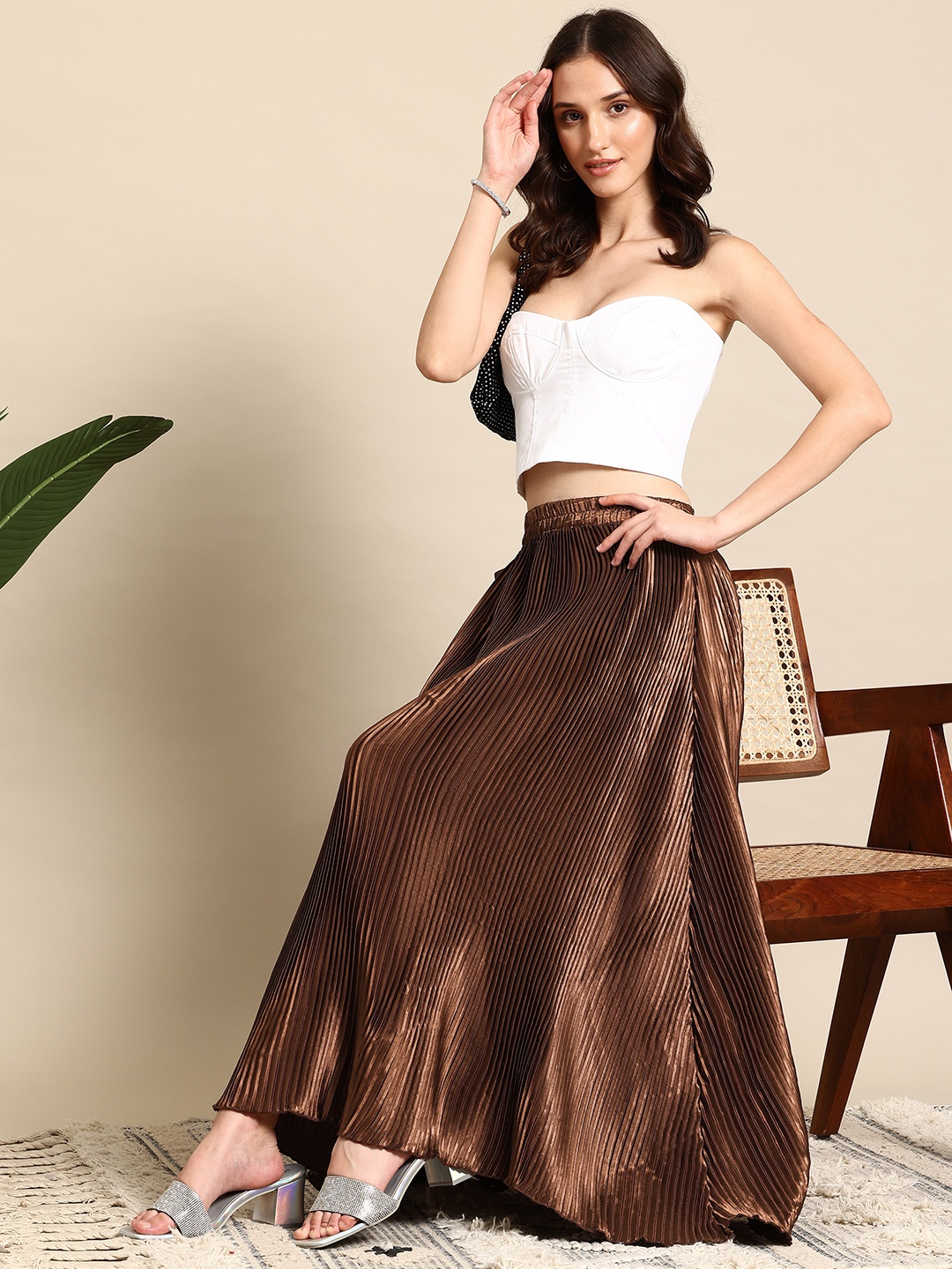 

Mast & Harbour Accordion Pleated Satin Flared Maxi Skirt, Brown