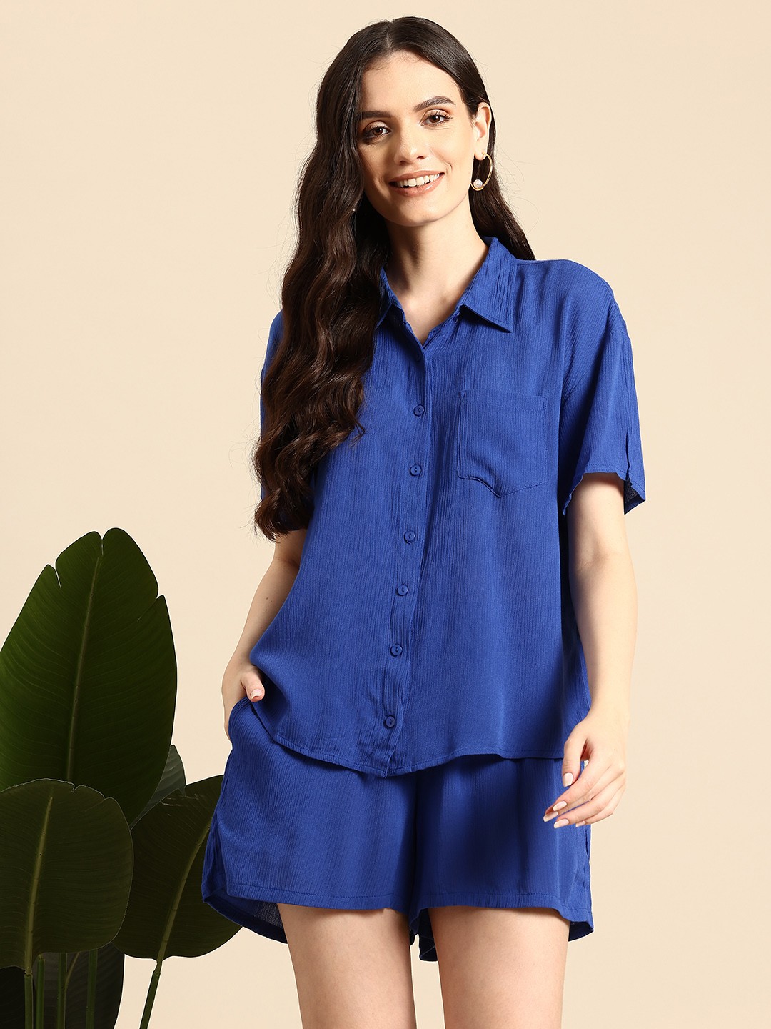 

Mast & Harbour Crinkled Effect Shirt with Shorts Co-Ords, Blue