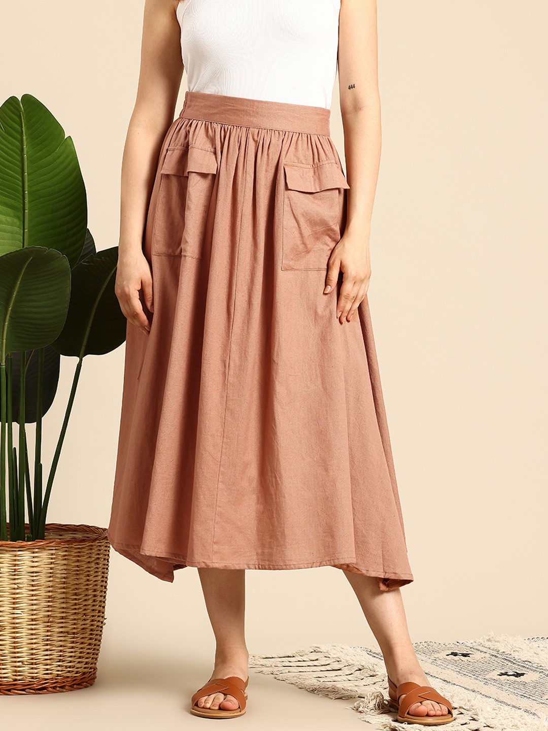 

Mast & Harbour Women Flared Midi Skirt with Flap Pockets, Brown