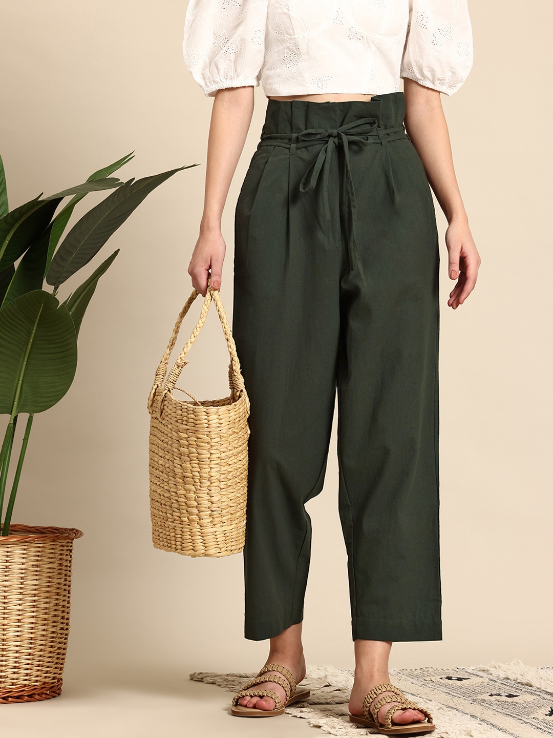 

Mast & Harbour Pure Cotton Women High-Rise Pleated Trousers, Olive