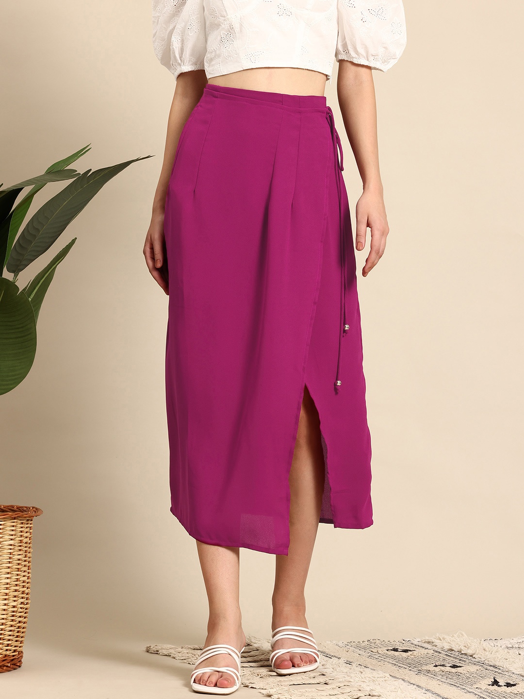 

Mast & Harbour Pleated Slit Midi Wrap Skirt, Magenta