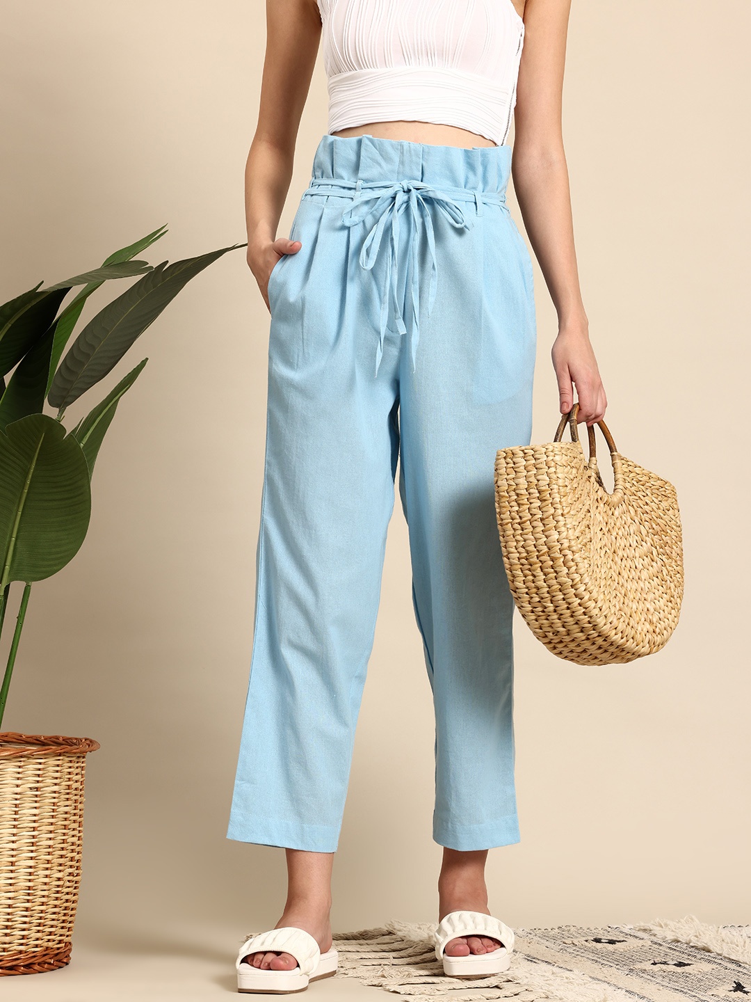 

Mast & Harbour Pure Cotton Women High-Rise Pleated Trousers, Blue